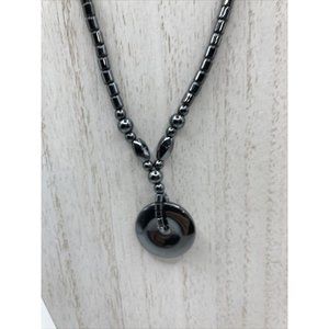 Hematite   Disc‎ Pendant  Necklace 18” Beads Barrel Clasp Black